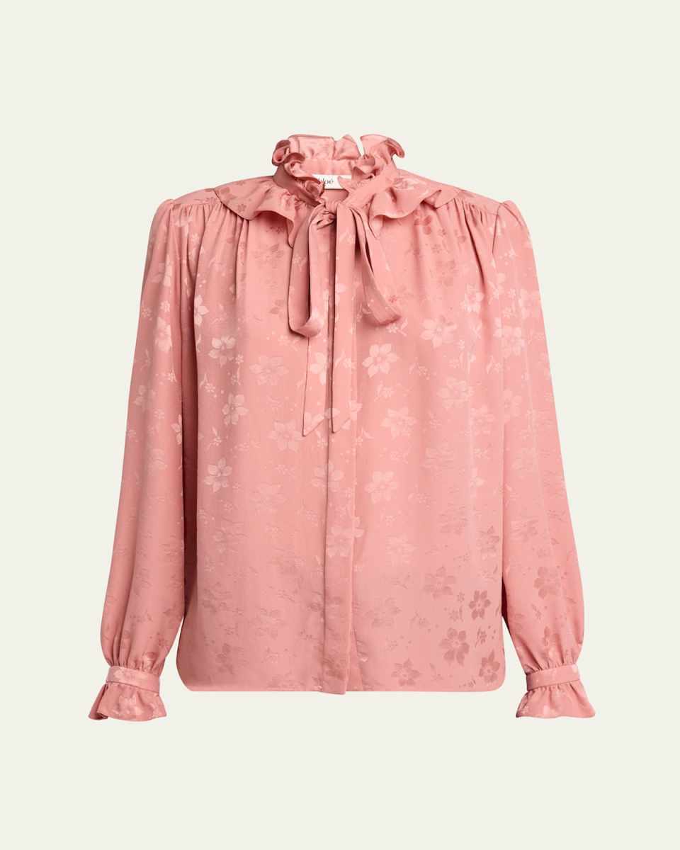 Floral Jacquard Tie-Neck Ruffle Blouse